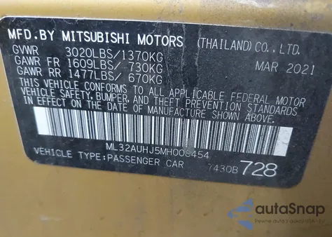 2021 Mitsubishi Mirage Carbonite Edition/Es/Le from USA, damaged, VIN ML32AUHJ5MH008454